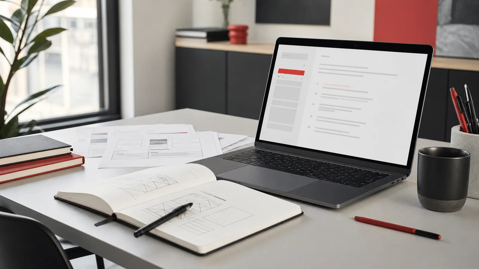 Werkplek met laptop, contentplanning en website wireframes voor een AI-publicatieassistent voor MKB-websites.