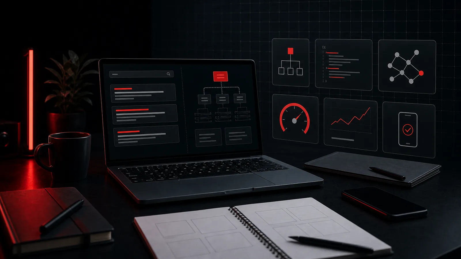 Donkere technische werkplek met laptop, schema-blokken, zoekresultaten en performancekaarten voor AI-vindbaarheid en GEO.