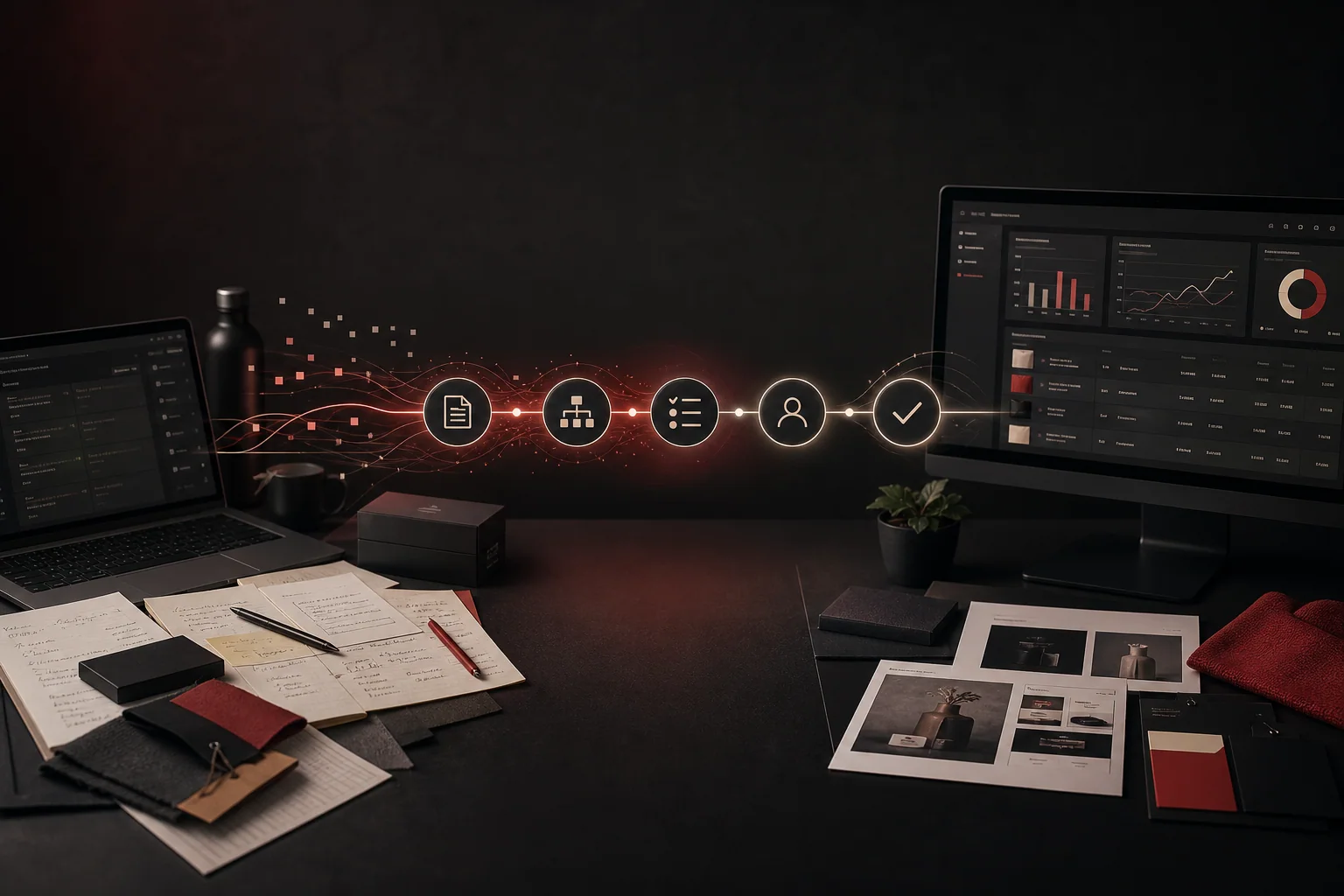 Donkere werkplek waar documenten en vakkennis via een gecontroleerde AI-workflow worden omgezet in gestructureerde bedrijfsinformatie.