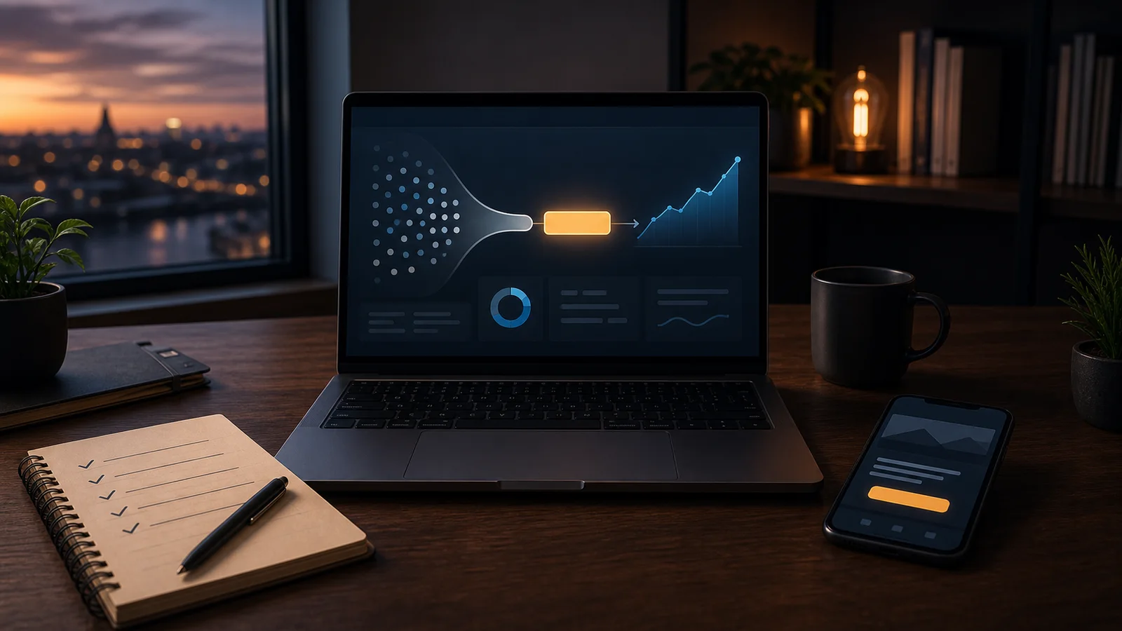 Donkere werkplek met laptop waarop bezoekers via een duidelijke call-to-action naar een stijgende conversiegrafiek gaan.