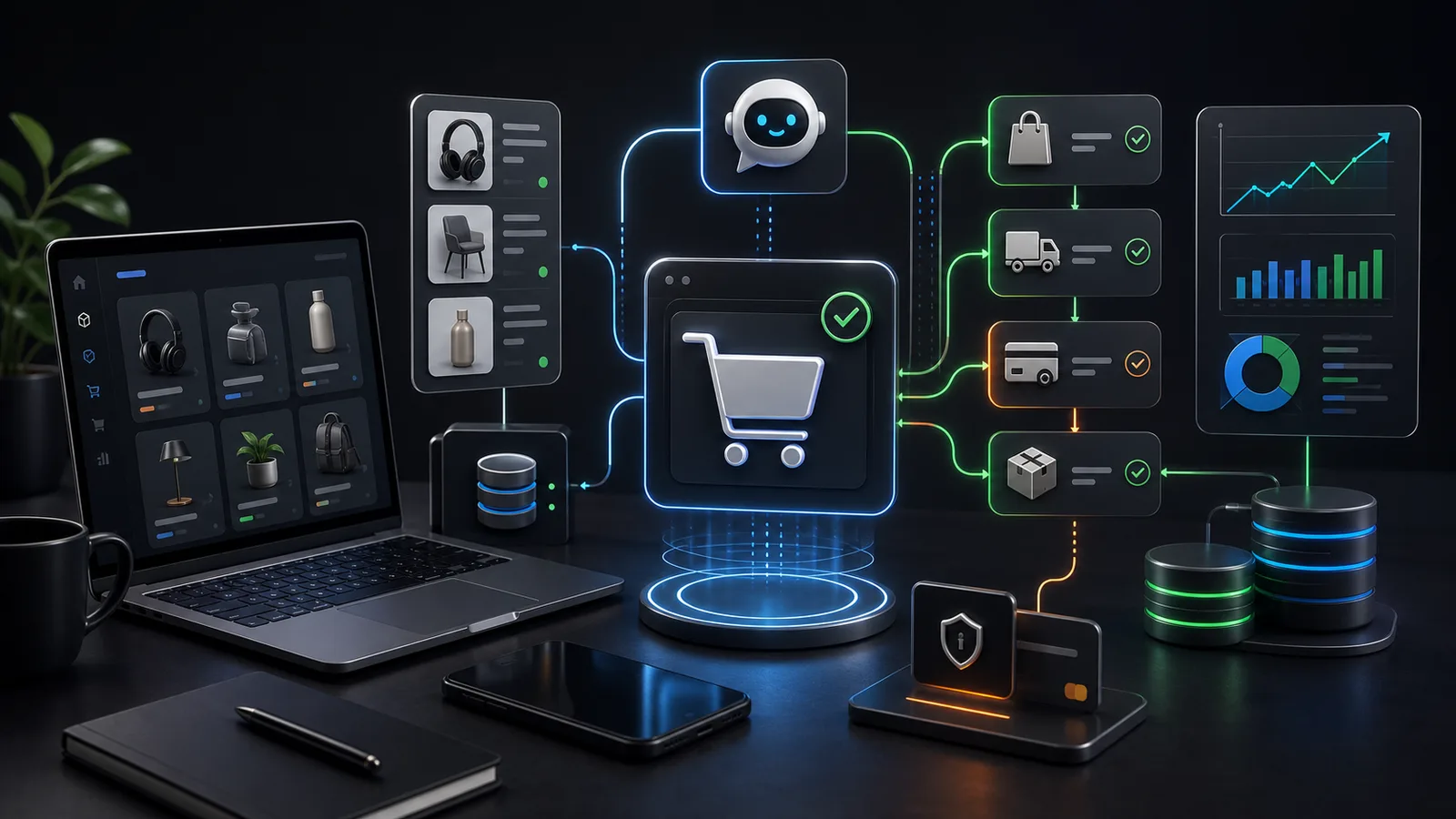 Donkere e-commerce werkplek met AI-winkelmandje, productdata, checkout-stappen, leveringsstroom en analytics in Van Dijken E-Commerce stijl.