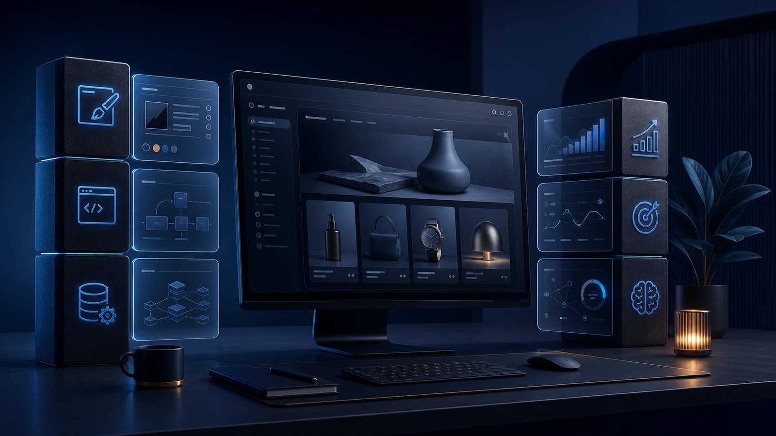 Moderne Shopify-webshop met visuele bouwlagen voor ontwerp, techniek en groei in een donkere digitale werkruimte.