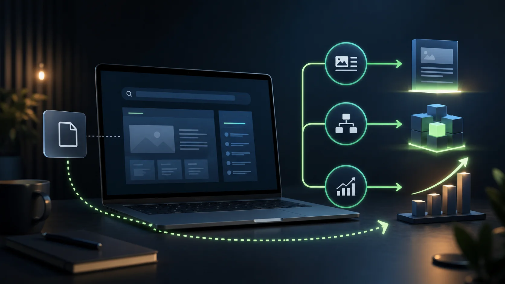 Donkere werkplek met een website op een laptop en een route van een los document naar content, technische structuur en meetbare groei.