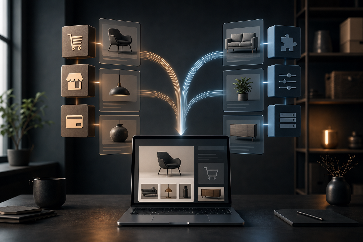 Abstracte e-commerce werkplek met een webshop, productkaarten en twee technische routes voor een platformkeuze.