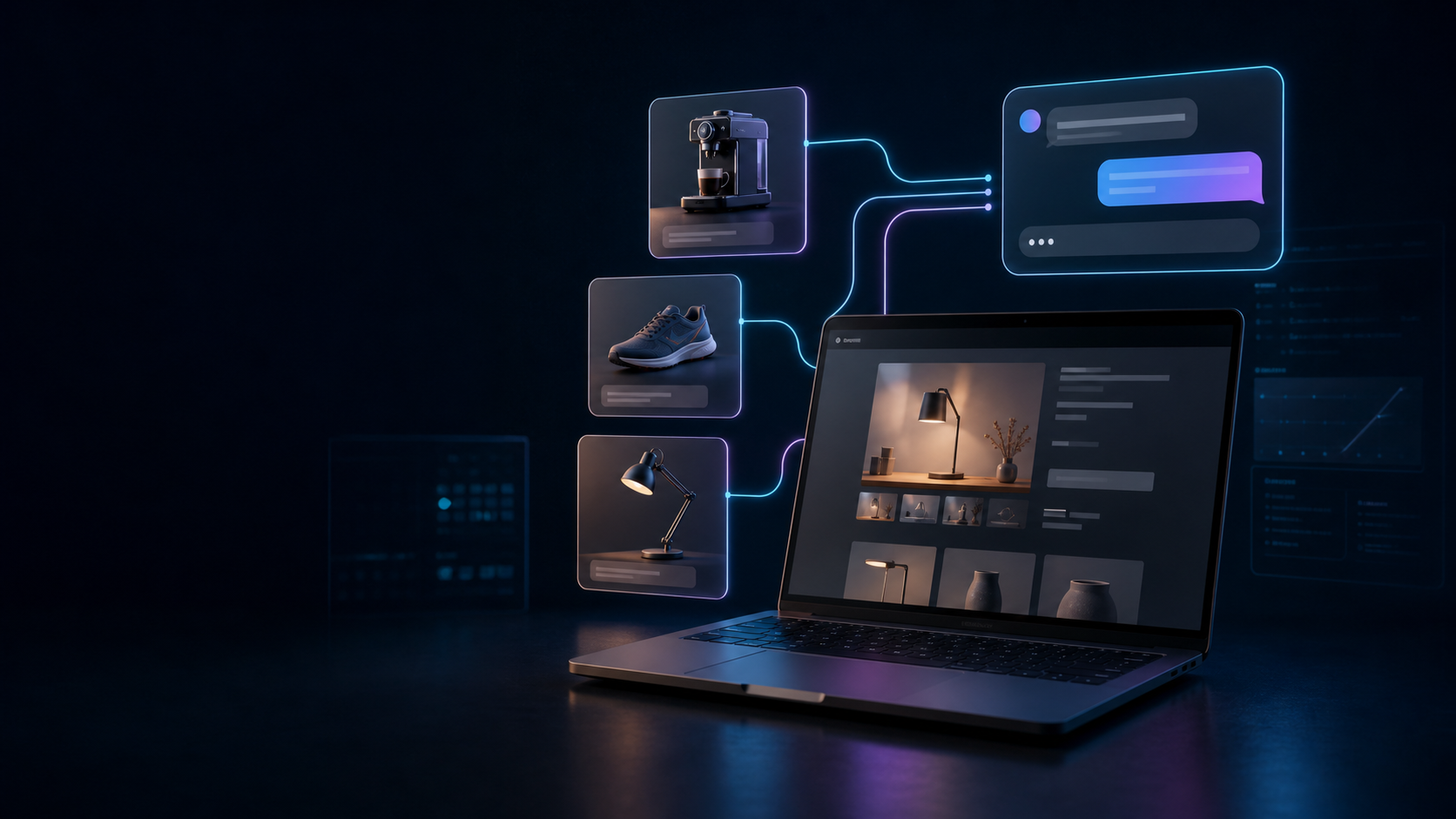 Donkere e-commercewerkplek met laptop, productkaarten en verbonden AI-zoekinterface voor product discovery.