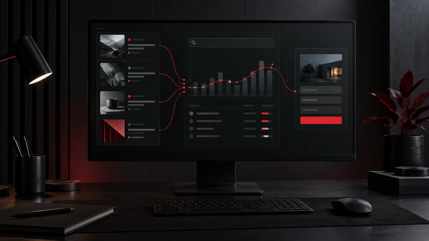 Donkere werkplek met een monitor waarop vier contentvoorbeelden via rode lijnen verbonden zijn met zoekanalyses en een contactformulier.